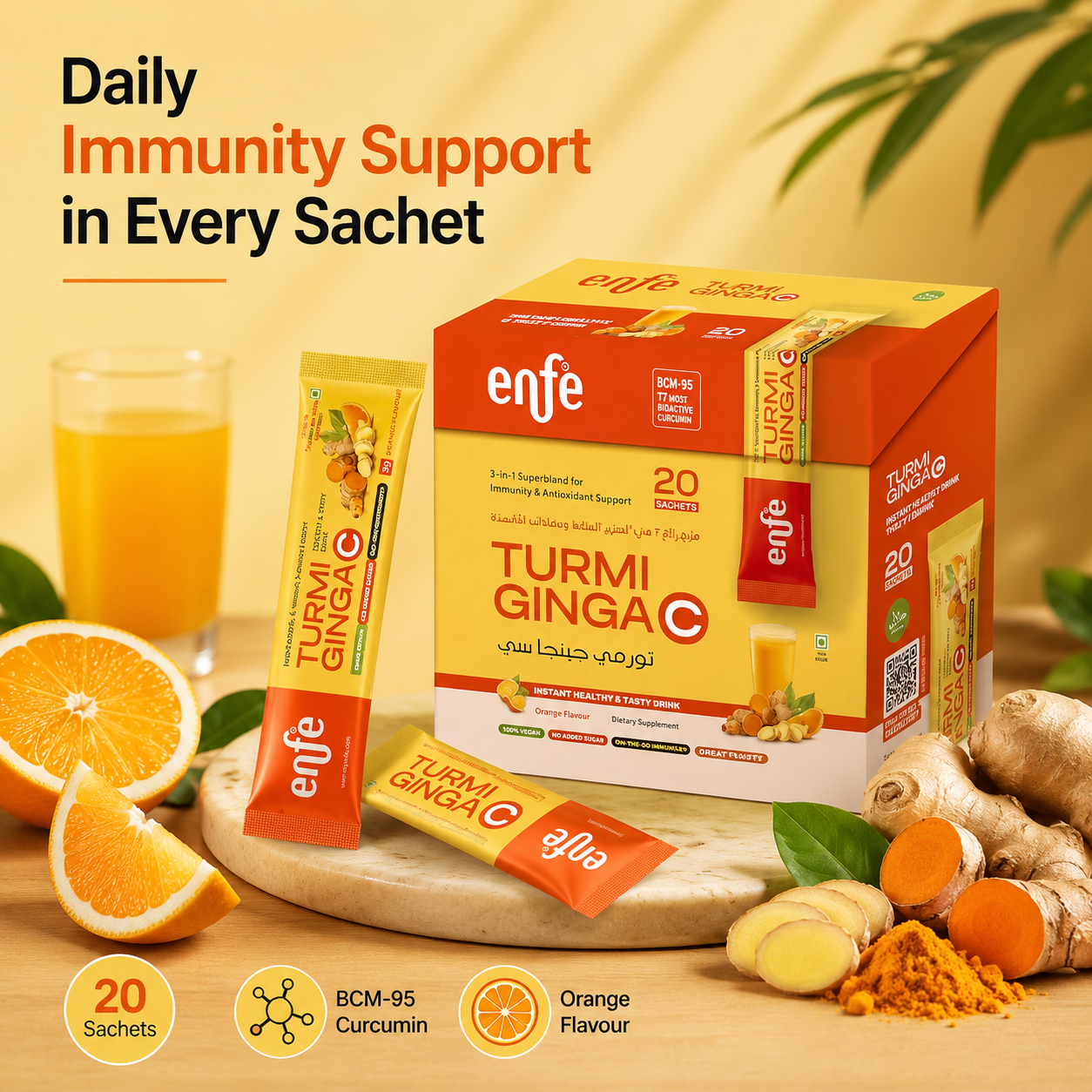 TurmigingaC® Instant Wellness Drink | Turmeric BCM-95®, Ginger & Vitamin C | Immune & Antioxidant Support | Orange Flavor | Vegan | Halal | No Added Sugar | 20 Sachets