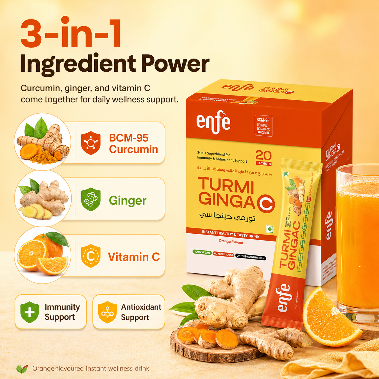 TurmigingaC® Instant Wellness Drink | Turmeric BCM-95®, Ginger & Vitamin C | Immune & Antioxidant Support | Orange Flavor | Vegan | Halal | No Added Sugar | 20 Sachets