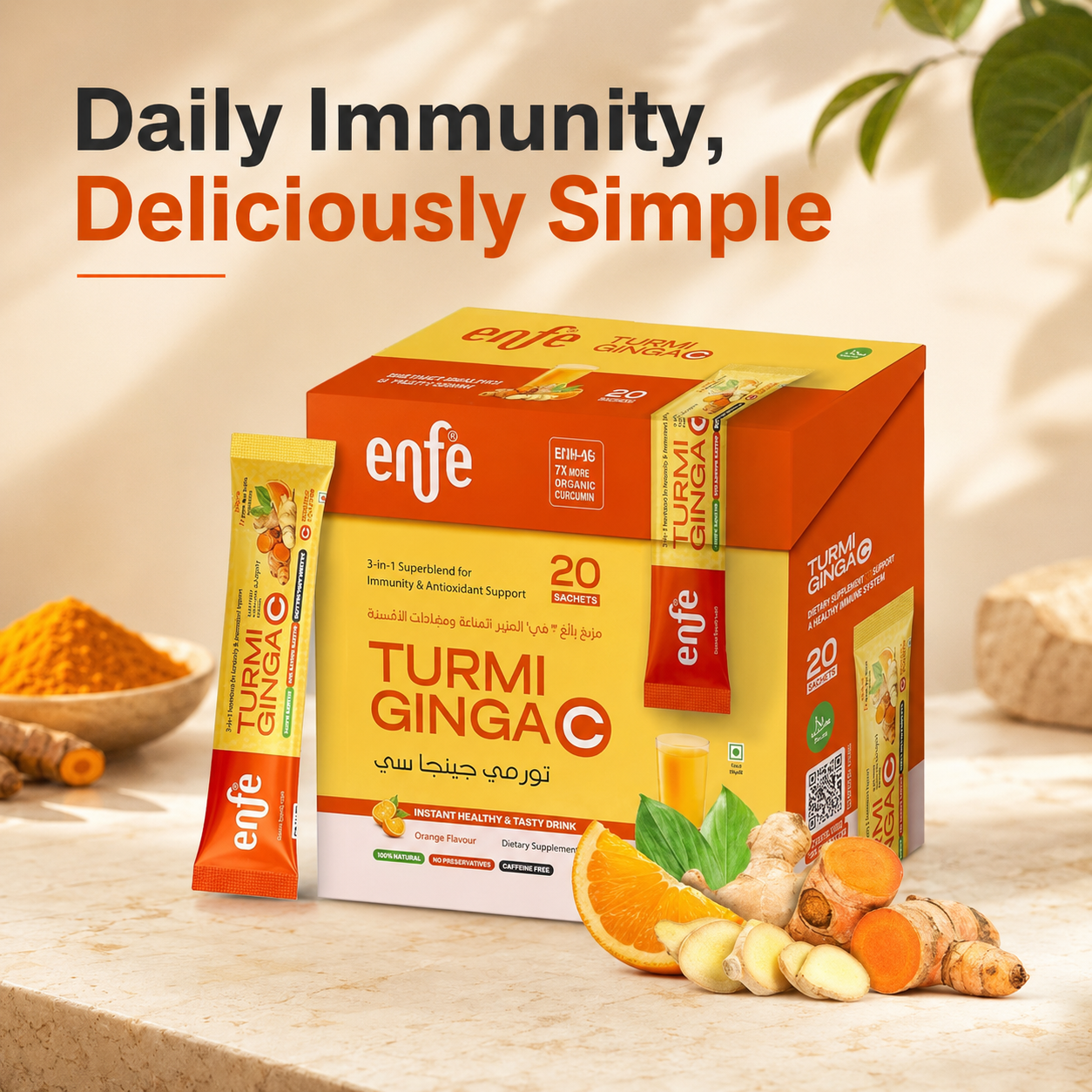 TurmigingaC® Instant Wellness Drink | Turmeric BCM-95®, Ginger & Vitamin C | Immune & Antioxidant Support | Orange Flavor | Vegan | Halal | No Added Sugar | 20 Sachets