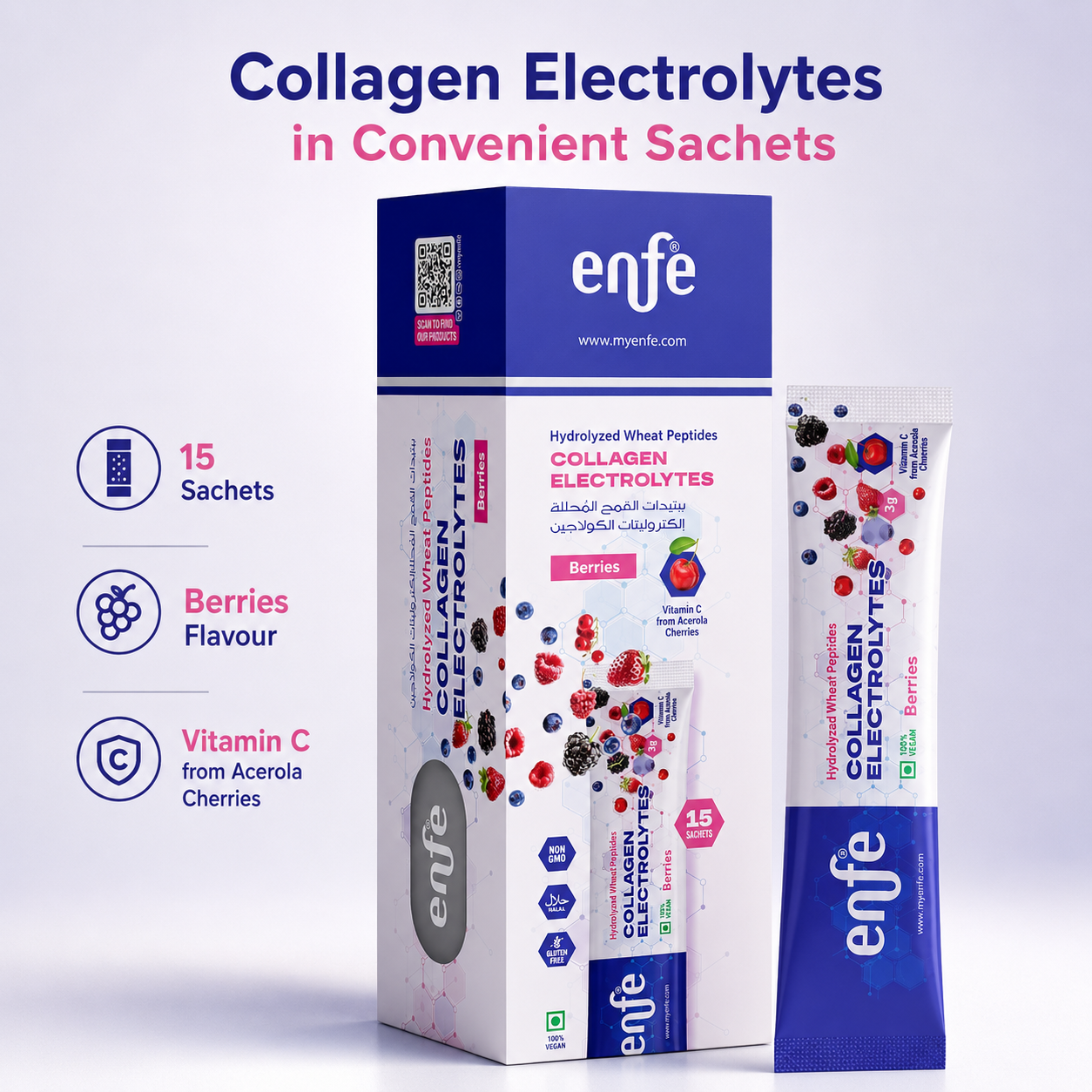 ENFE Plant Collagen Support + Electrolytes Drink Mix | Hydrolyzed Wheat Peptides, Acerola Vitamin C & Electrolytes | Mixed Berries Flavor | Vegan | Sugar Free | 15 Sachets