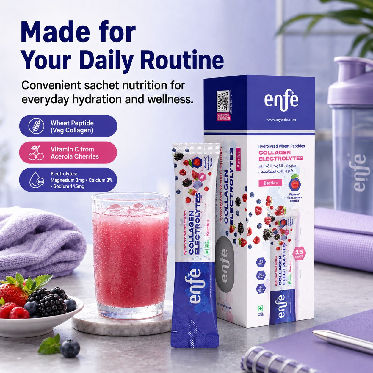 ENFE Plant Collagen Support + Electrolytes Drink Mix | Hydrolyzed Wheat Peptides, Acerola Vitamin C & Electrolytes | Mixed Berries Flavor | Vegan | Sugar Free | 15 Sachets