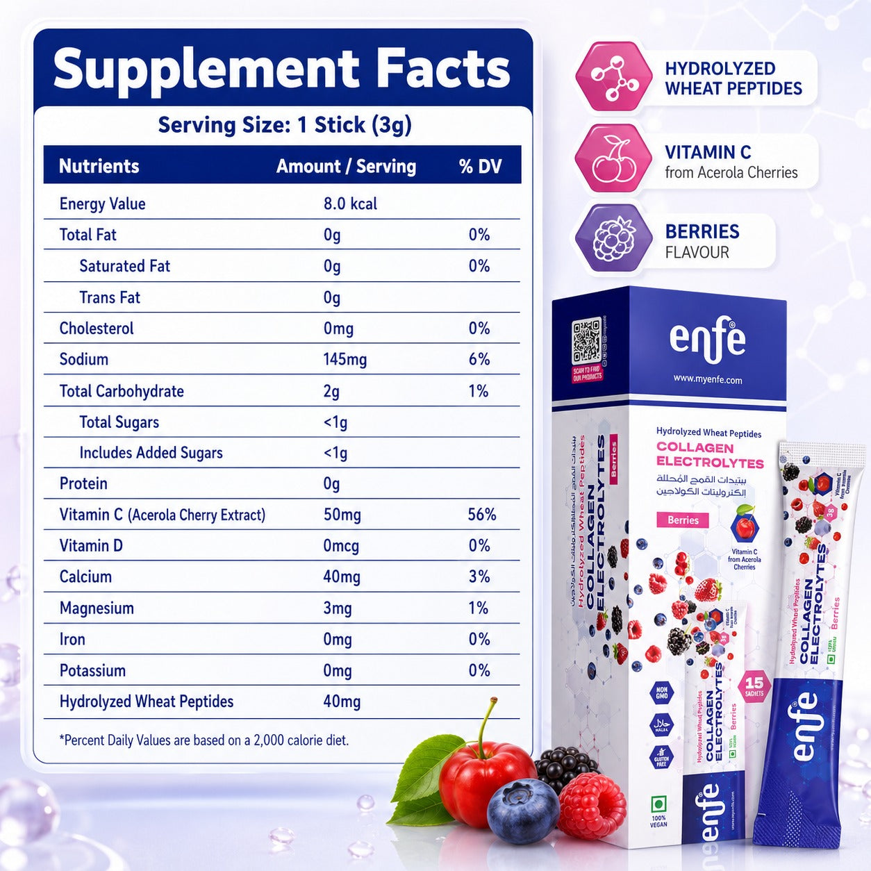 ENFE Plant Collagen Support + Electrolytes Drink Mix | Hydrolyzed Wheat Peptides, Acerola Vitamin C & Electrolytes | Mixed Berries Flavor | Vegan | Sugar Free | 15 Sachets